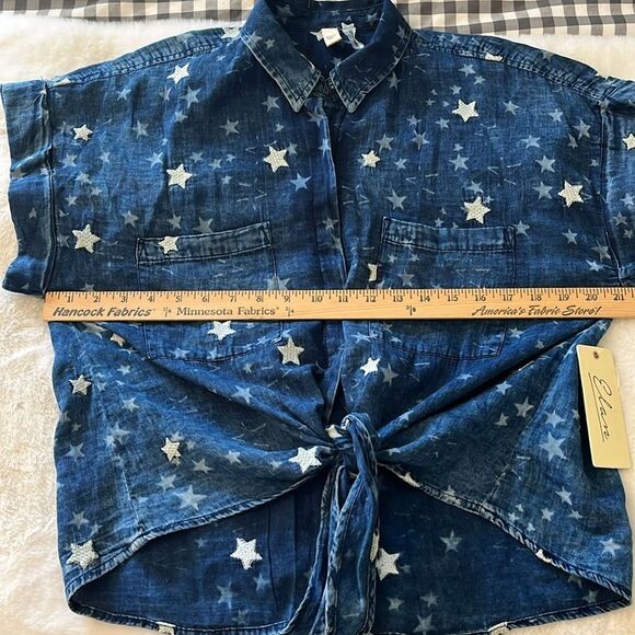 New! ELAN Button Up Front Tie Shirt Blouse Indigo Stars Size Medium NWT - Picture 8 of 12